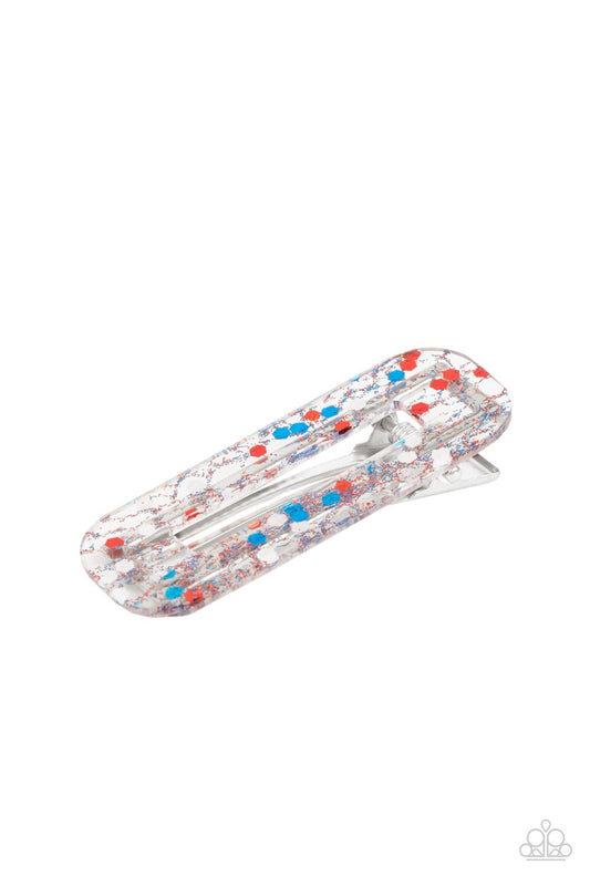 A shimmery collection of red, white, and blue confetti and dainty sparkles are encased in a clear acrylic frame atop a silver frame. Features a standard hair clip on the back.  Sold as one individual hair clip.