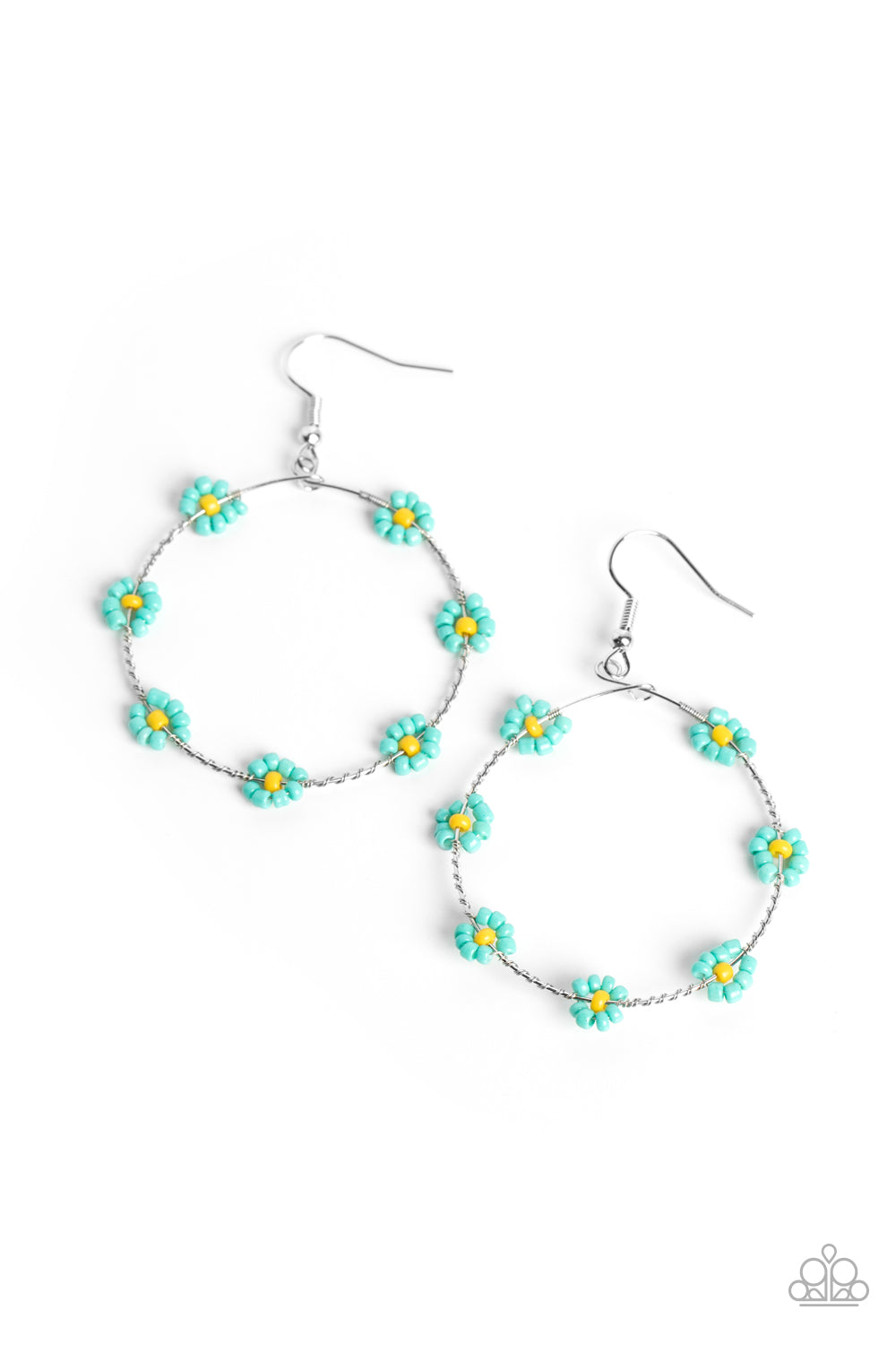 Dotted with yellow seed beaded centers, a dainty collection of tiffany blue seed beaded floral frames are threaded along a dainty, serrated wire hoop for a fabulous floral fashion. Earring attaches to a standard fishhook fitting.  Sold as one pair of earrings.