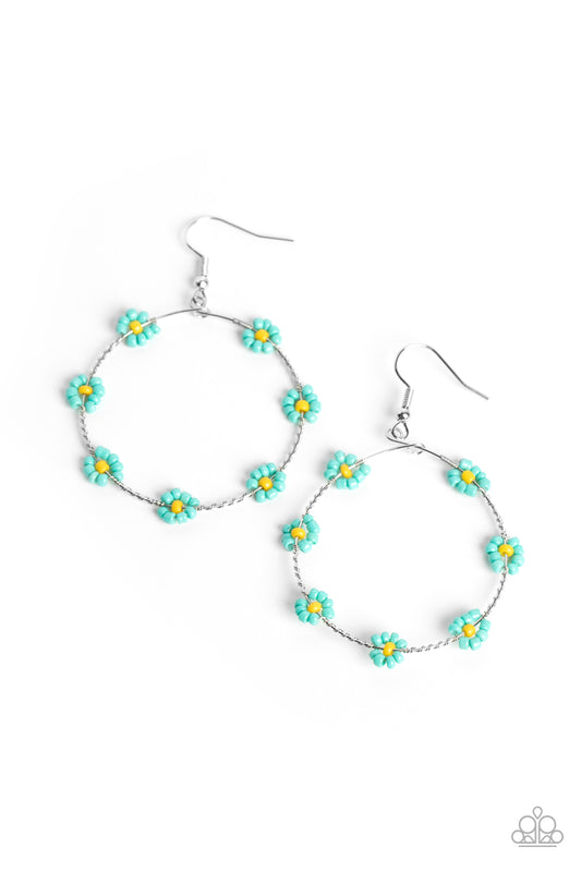 Dotted with yellow seed beaded centers, a dainty collection of tiffany blue seed beaded floral frames are threaded along a dainty, serrated wire hoop for a fabulous floral fashion. Earring attaches to a standard fishhook fitting.  Sold as one pair of earrings.