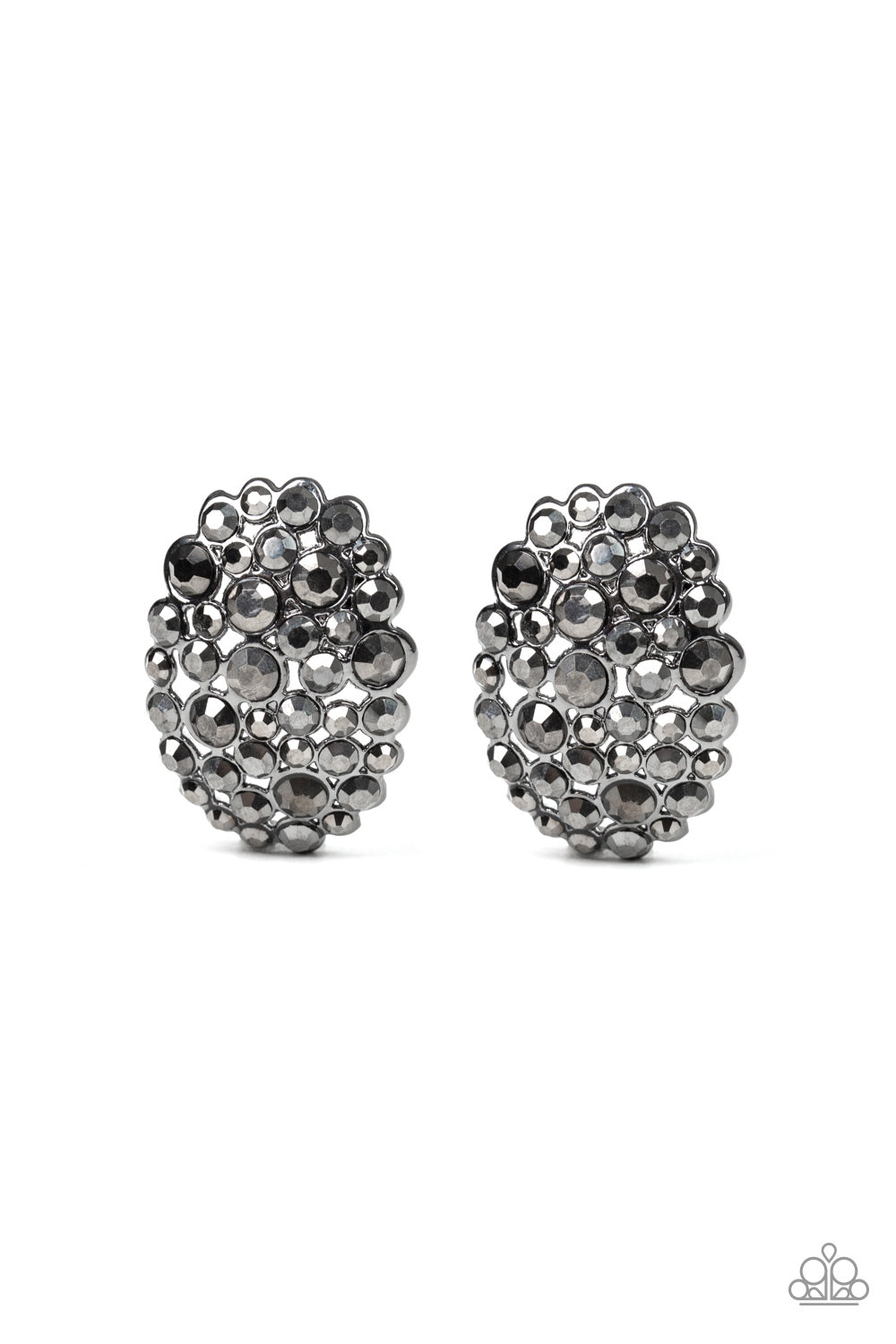 A collision of glittery hematite rhinestones coalesce into a sparkling frame for a blinding look.  Earring attaches to a standard post fitting. Sold as one pair of post earrings.