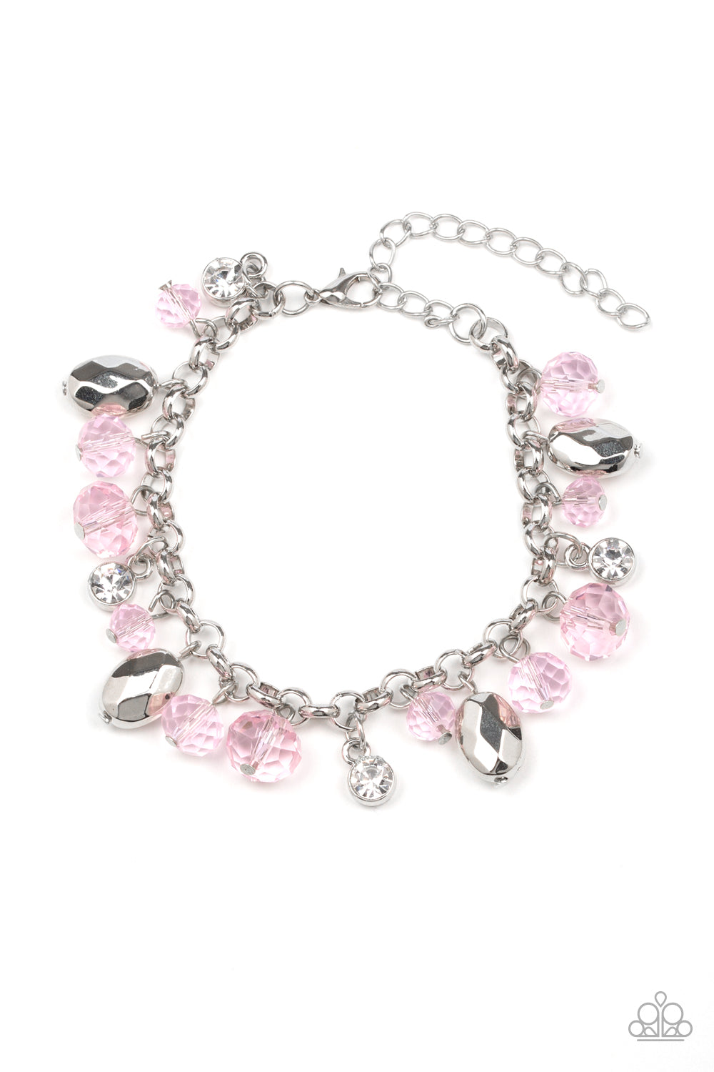 A glittery collection of sparkling white rhinestones, faceted silver beads, and glassy pink crystal-like beads dangle from the wrist, creating a refined fringe. Features an adjustable clasp closure.

Sold as one individual bracelet.