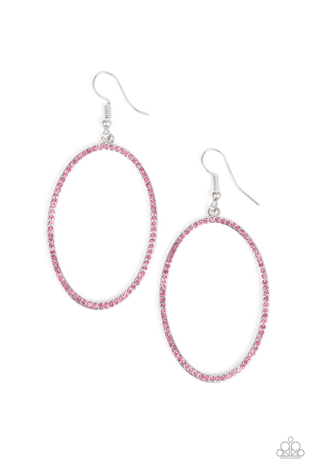Encrusted in glassy pink rhinestones, an airy silver hoop swings from the ear for a refined fashion. Earring attaches to a standard fishhook fitting.  Sold as one pair of earrings.