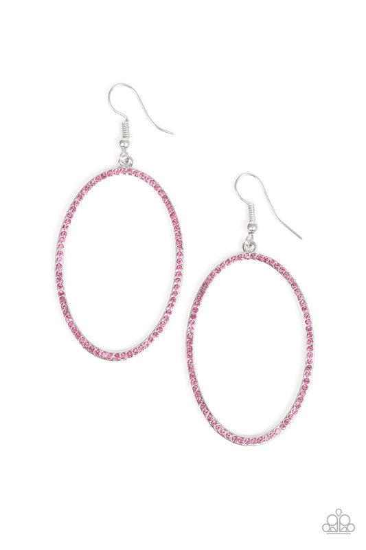 Encrusted in glassy pink rhinestones, an airy silver hoop swings from the ear for a refined fashion. Earring attaches to a standard fishhook fitting.  Sold as one pair of earrings.