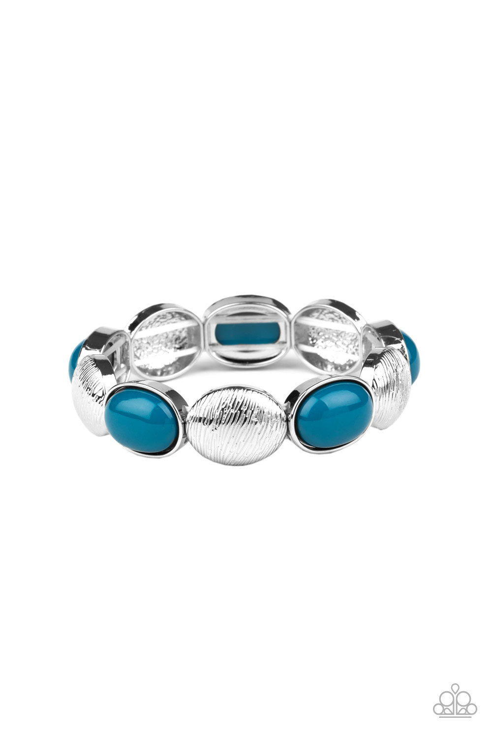 Bubbly blue beaded frames and textured silver caps alternate along stretchy bands around the wrist, adding a colorful pop of color.

Sold as one individual bracelet.