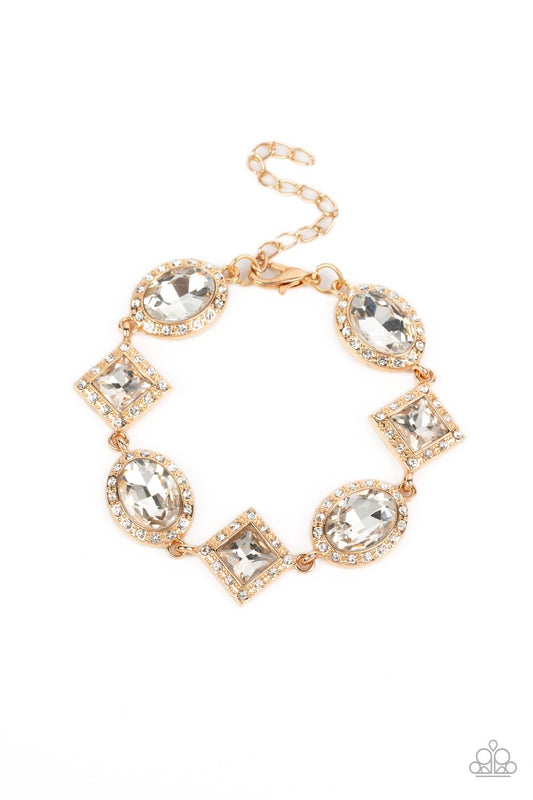 Square-cut and oval shaped white rhinestones are pressed into gold frames and bordered by tiny white rhinestones. The square-cut gems are tilted on point as they connect to the rounded ovals, alternating as they wrap around the wrist in a glamorous finish. Features an adjustable clasp closure.  Sold as one individual bracelet.