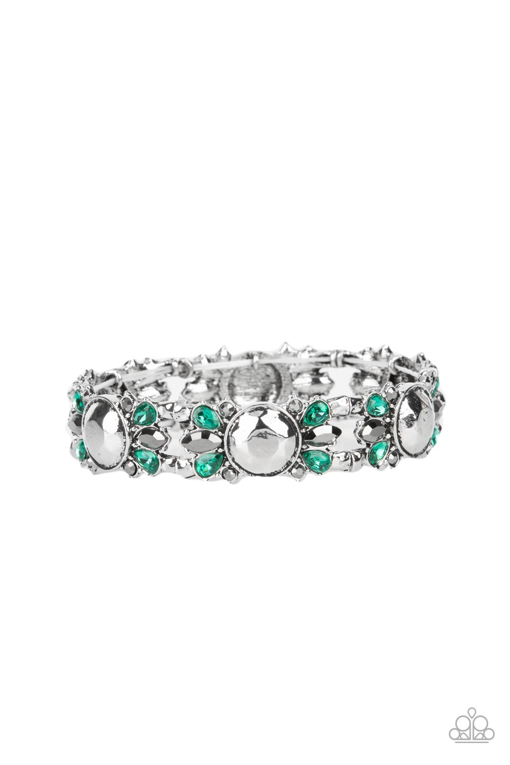 Green teardrop and round and marquise cut hematite rhinestones flare out from a faceted silver beaded center, coalescing into glitzy frames. The gorgeous frames are threaded along stretchy bands around the wrist, resulting in a sassy centerpiece.  Sold as one individual bracelet.
