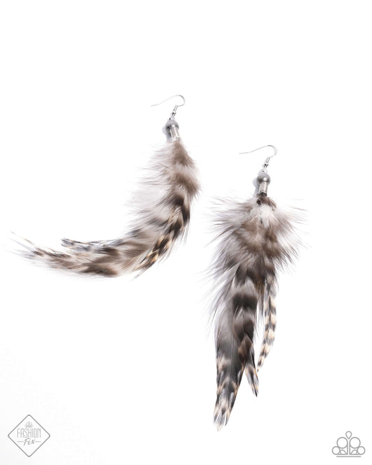 Fuzzy brown-striped feathers swing from the bottom of a reflective Navajo pearl, creating a refined, natural lure. Earring attaches to a standard fishhook fitting.  Sold as one pair of earrings.