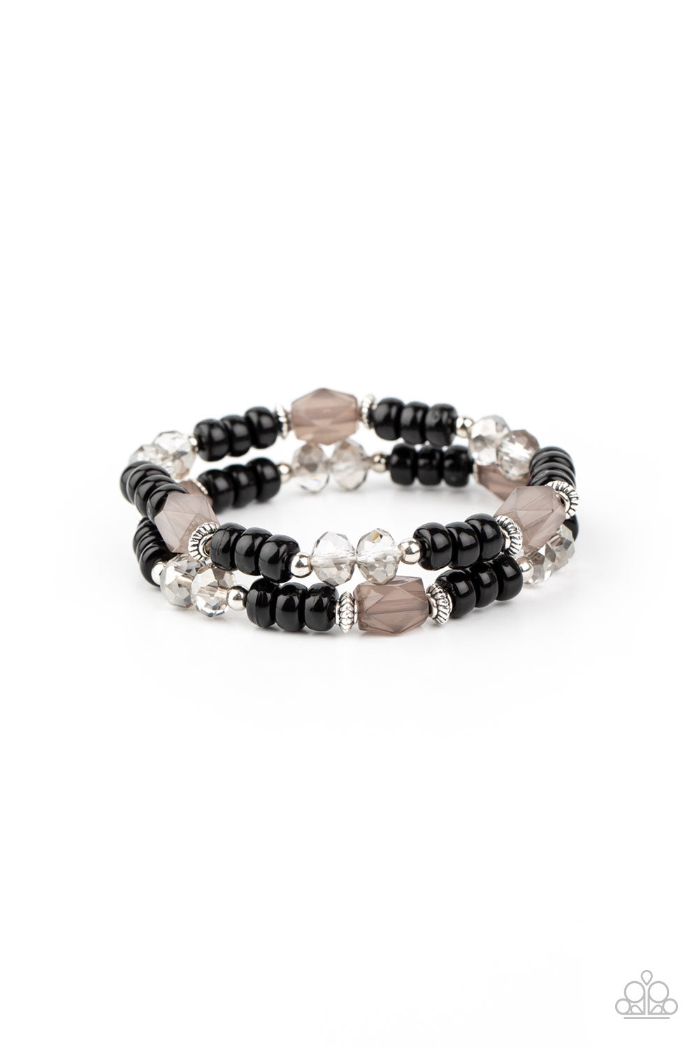 A shiny collection of smoky gems, dainty silver accents, white crystal-like beads, and polished black beads are threaded along stretchy bands around the wrist for a whimsically layered look.

Sold as one pair of bracelets.