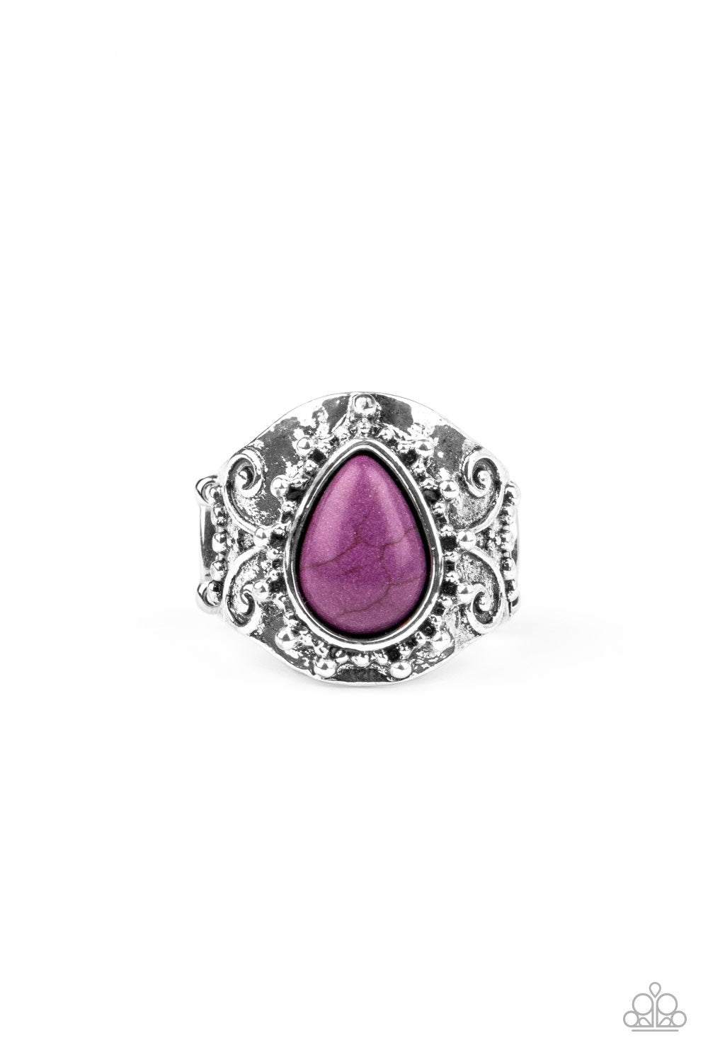 Chiseled into a tranquil teardrop, a Magenta Purple stone is pressed into the center of a thick silver band studded and embossed in whimsical details for a seasonal look. Features a stretchy band for a flexible fit.  Sold as one individual ring.