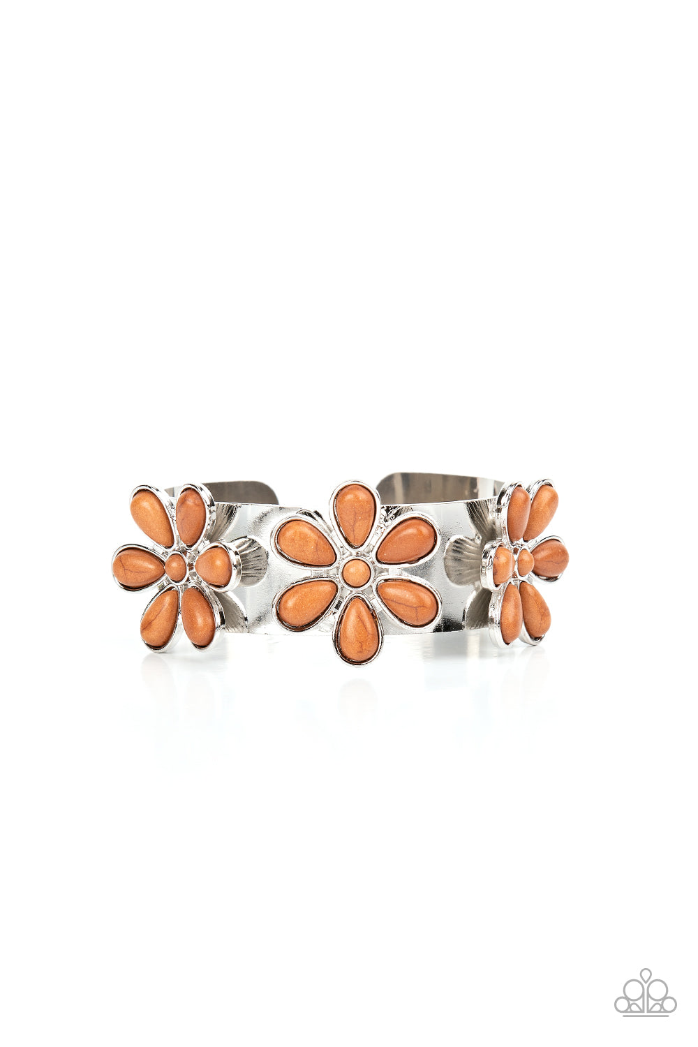 Dotted with brown stone centers, a trio of brown stone petaled flowers bloom atop a thick silver cuff for a whimsical pop of floral fashion.  Sold as one individual bracelet.