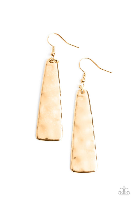 An antiqued triangular gold frame is hammered in rustic definition, resulting in an artisan inspired lure. Earring attaches to a standard fishhook fitting.  Sold as one pair of earrings.