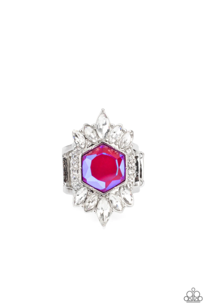 Featuring a radiant UV shimmer, a hexagonal pink rhinestone is pressed into the center of round and marquise cut white rhinestones that dramatically coalesce into an out-of-this-world centerpiece atop the finger. Features a stretchy band for a flexible fit.  Sold as one individual ring.