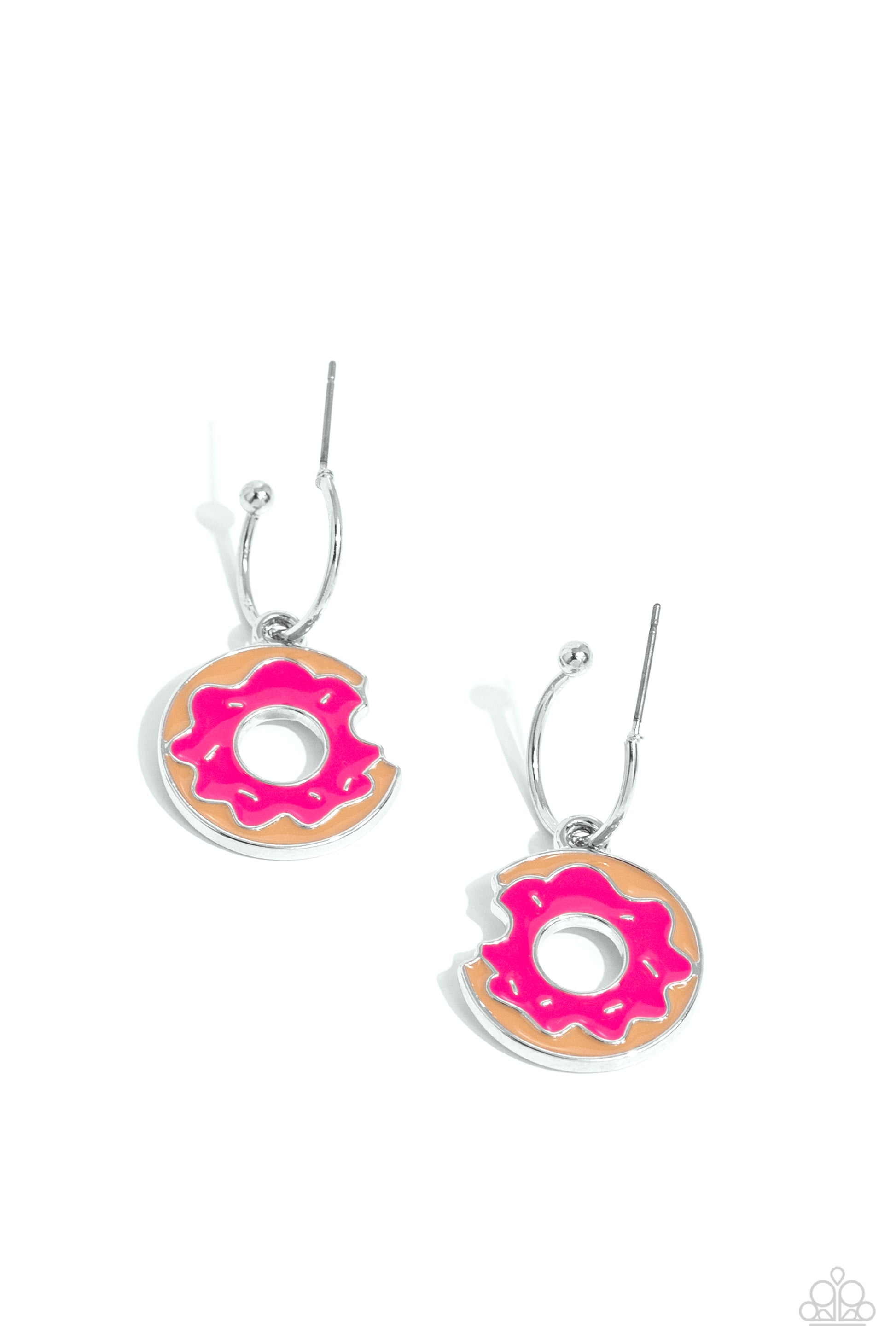 Women's pink donut earrings with a bite taken out