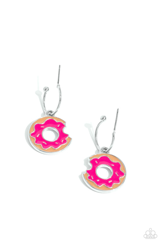 Women's pink donut earrings with a bite taken out