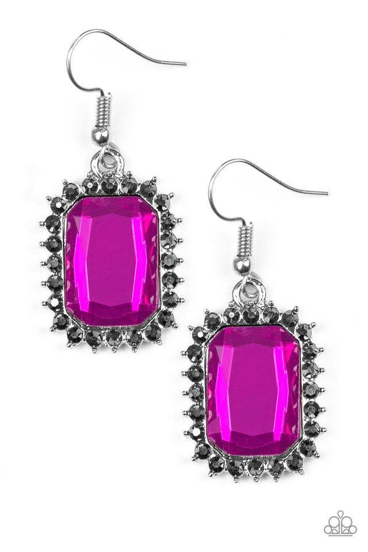 Featuring a regal emerald-style cut, a glittery pink gem is pressed into a sleek silver frame radiating with dainty hematite rhinestones. Earring attaches to a standard fishhook fitting.  Sold as one pair of earrings.