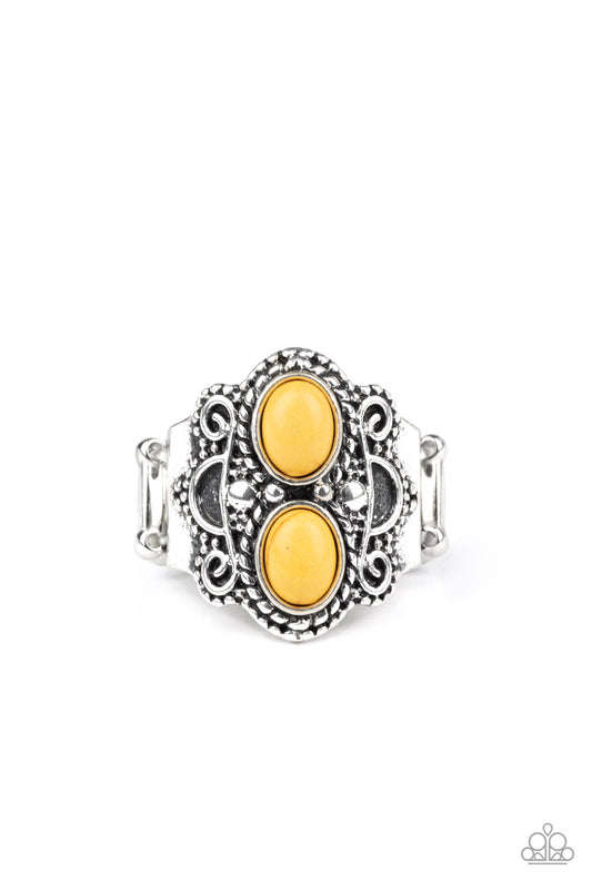 Two sunny yellow stones dot a thick silver band radiating with swirling studded detail, creating an earthy centerpiece atop the finger. Features a stretchy band for a flexible fit.  Sold as one individual ring.