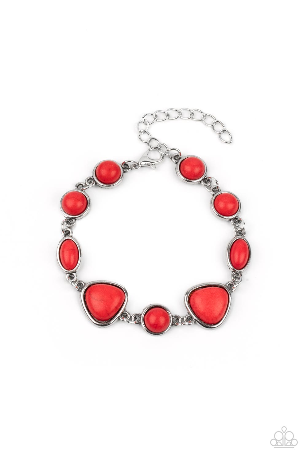 Encased in sleek silver frames, a collection of round, oval, and triangular red stones delicately link around the wrist for a one-of-a-kind look with an artisan feel. Features an adjustable clasp closure.  Sold as one individual bracelet.