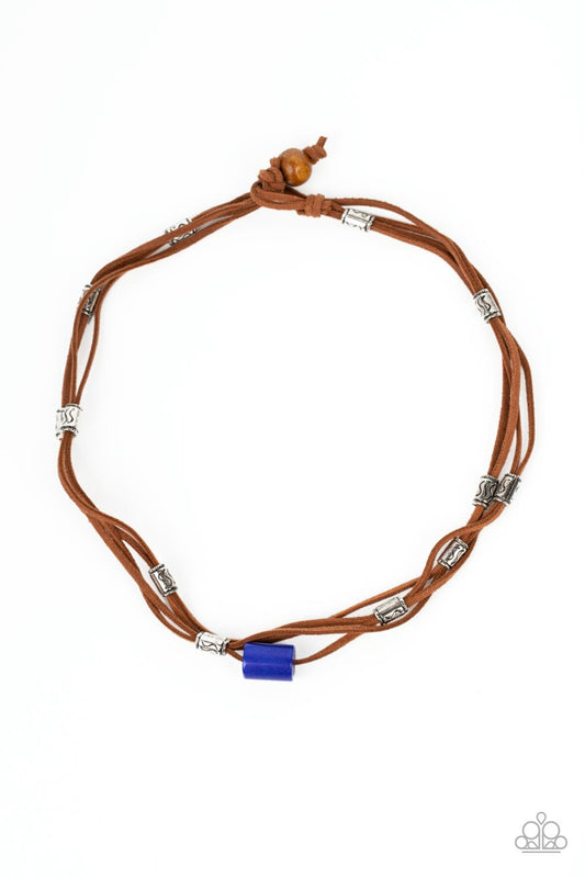 Men's necklace with blue and silver on a brown leather band