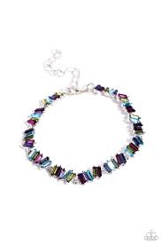 Featuring various multicolored shades, emerald-cut gems set in silver-pronged fittings dance along the wrist in clusters for a dizzying display. Features an adjustable clasp closure.  Sold as one individual bracelet.