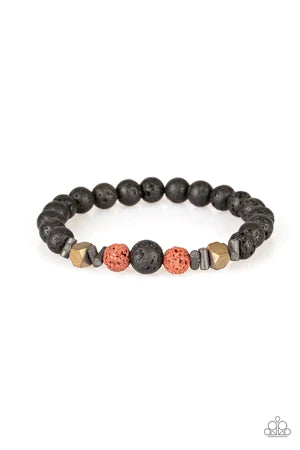 An earthy collection of metallic accents and red and black lava beads are threaded along a stretchy band around the wrist for a seasonal look.  Sold as one individual bracelet.