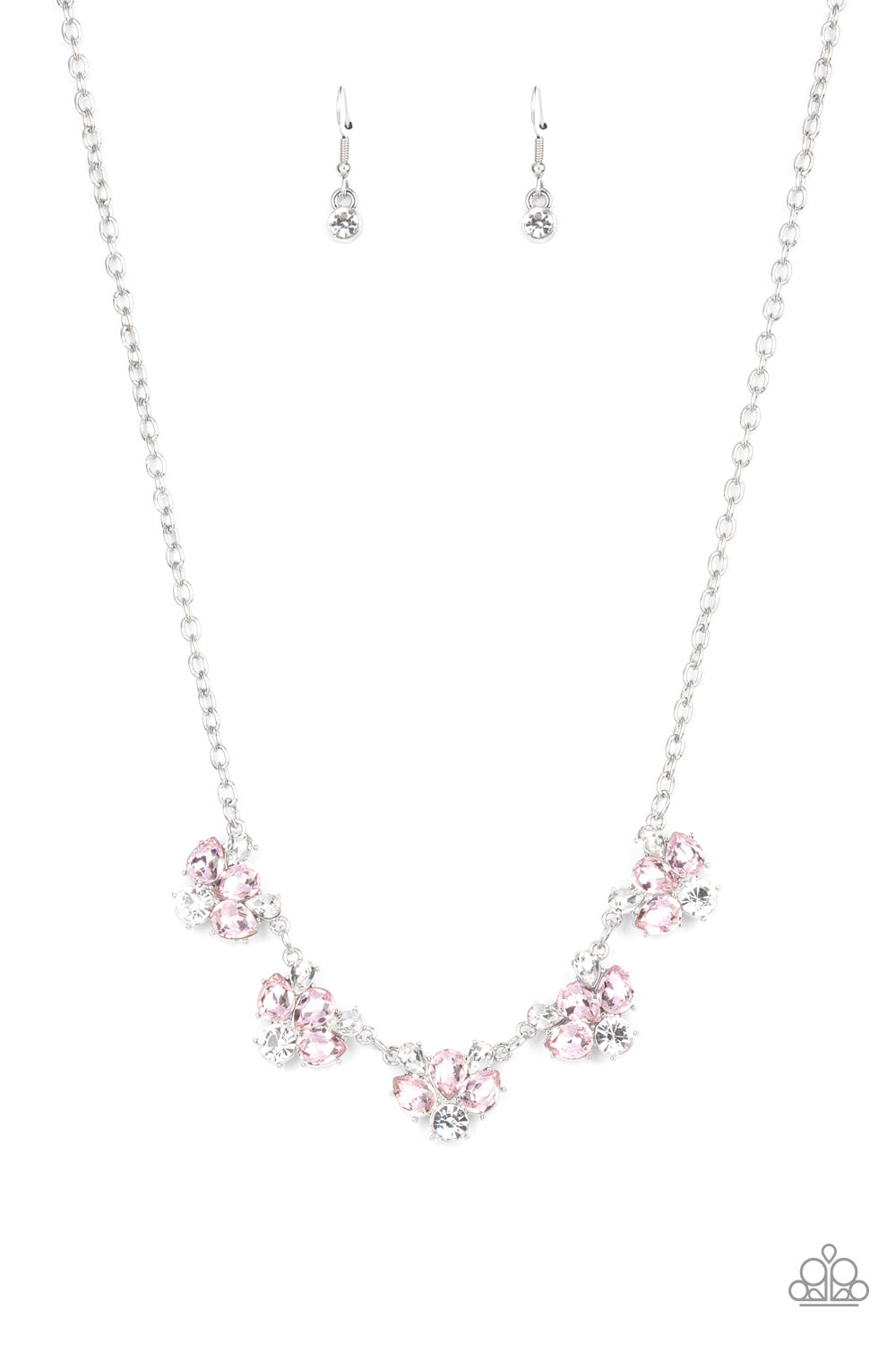 Featuring round and teardrop cuts, white and pink rhinestones delicately link into a sparkling statement piece that results into an envious glow below the collar. Features an adjustable clasp closure.  Sold as one individual necklace. Includes one pair of matching earrings.