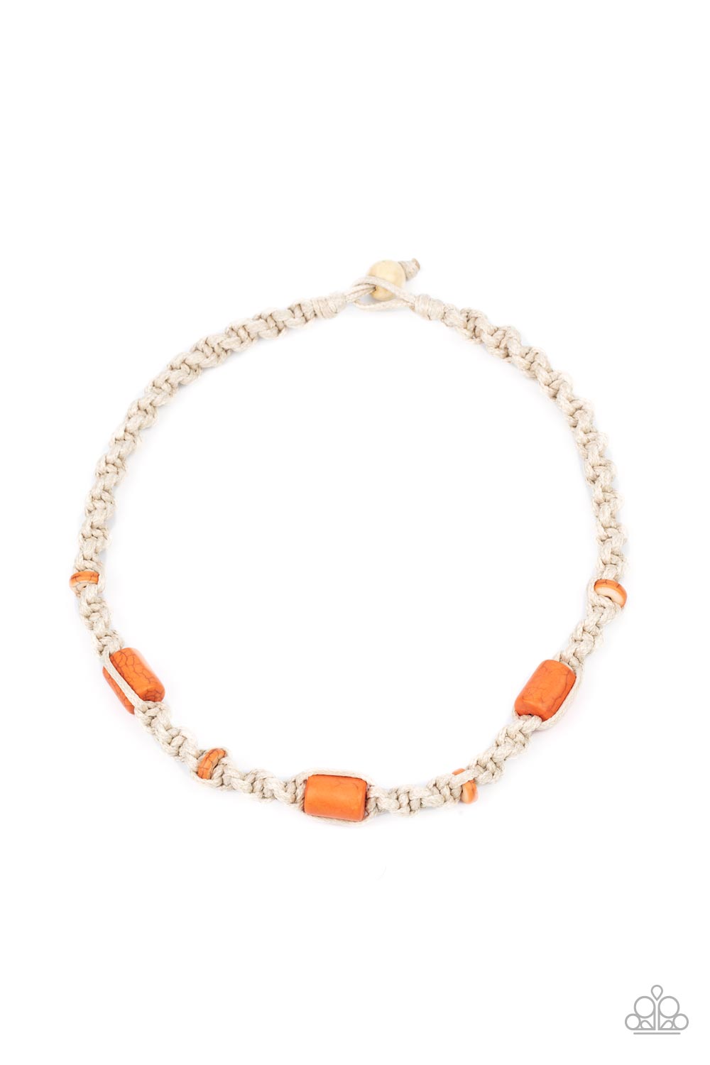 Three cylindrical orange stones and small flat stone accents are thoughtfully woven into a macramé style necklace. The natural cord is knotted into a chunky spiral design creating a homespun sensation below the collar. Features a button loop closure.  Sold as one individual necklace.