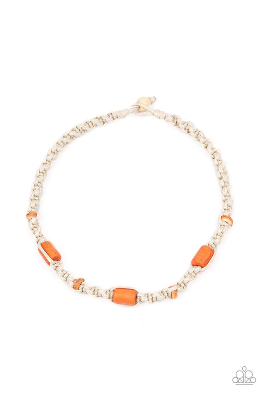 Three cylindrical orange stones and small flat stone accents are thoughtfully woven into a macramé style necklace. The natural cord is knotted into a chunky spiral design creating a homespun sensation below the collar. Features a button loop closure.  Sold as one individual necklace.