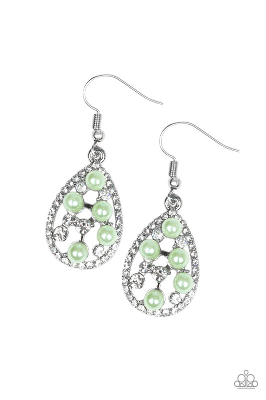 Glassy white rhinestones and pearly green beads are sprinkled along the center of a rhinestone encrusted teardrop for a glamorous look. Earring attaches to a standard fishhook fitting.  Sold as one pair of earrings.