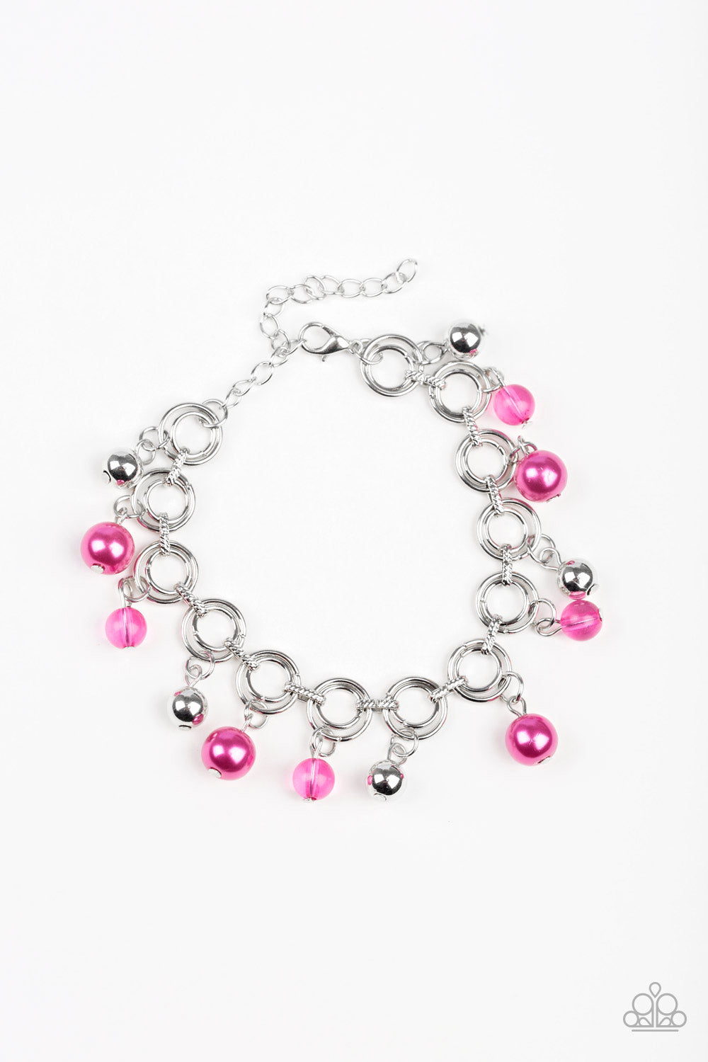 Featuring pearly and glassy finishes, an array of silver and pink beads swing from a double-linked silver chain, creating a fancy fringe around the wrist. Features an adjustable clasp closure.

Sold as one individual bracelet.