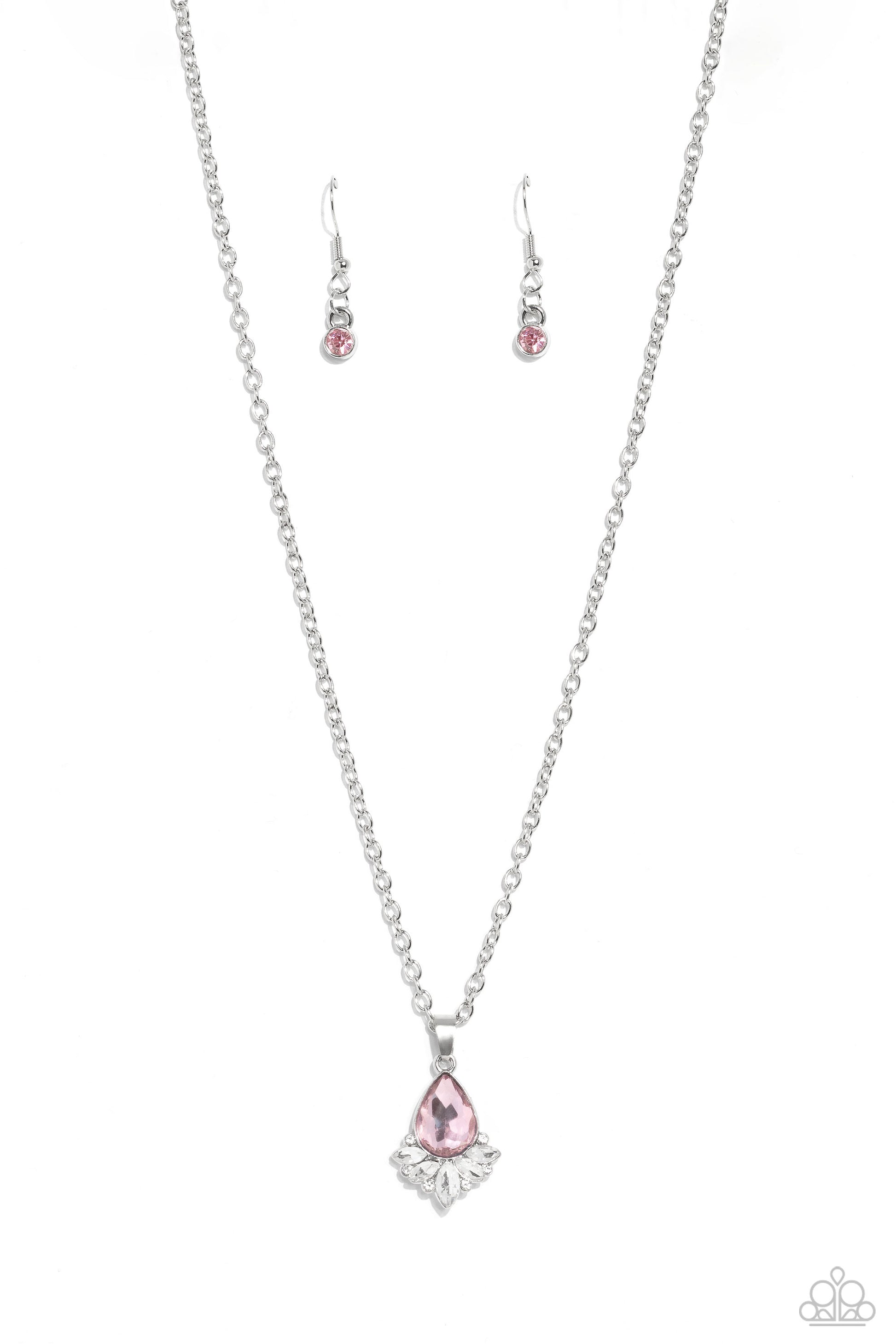 Expanding out from a solitaire pink teardrop gem, a fringe of dainty marquise-cut and round-cut white gems and rhinestones shimmers and shines for a refined display of elegance. Features an adjustable clasp closure.  Sold as one individual necklace. Includes one pair of matching earrings.