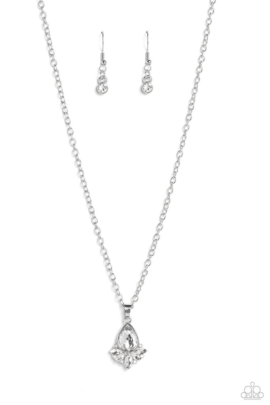 Expanding out from a solitaire white teardrop gem, a fringe of dainty marquise-cut and round-cut white gems and rhinestones shimmers and shines for a refined display of elegance. Features an adjustable clasp closure.  Sold as one individual necklace. Includes one pair of matching earrings.