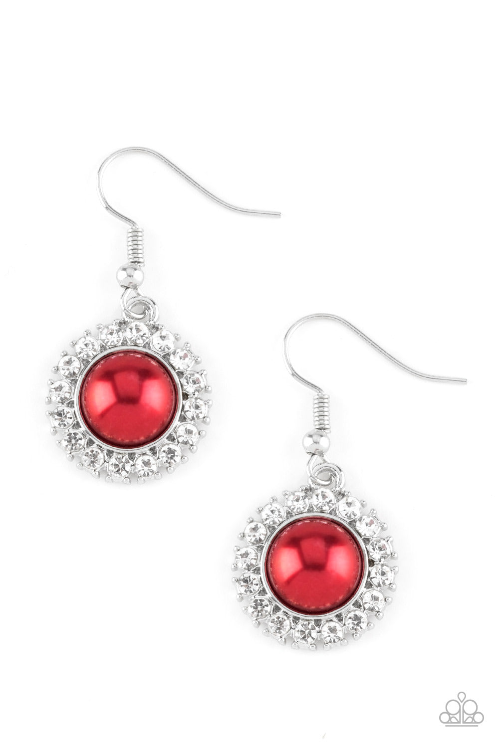 A pearly red bead is pressed into the center of a ring of glittery white rhinestones for a glamorous look. Earring attaches to a standard fishhook fitting.  Sold as one pair of earrings.