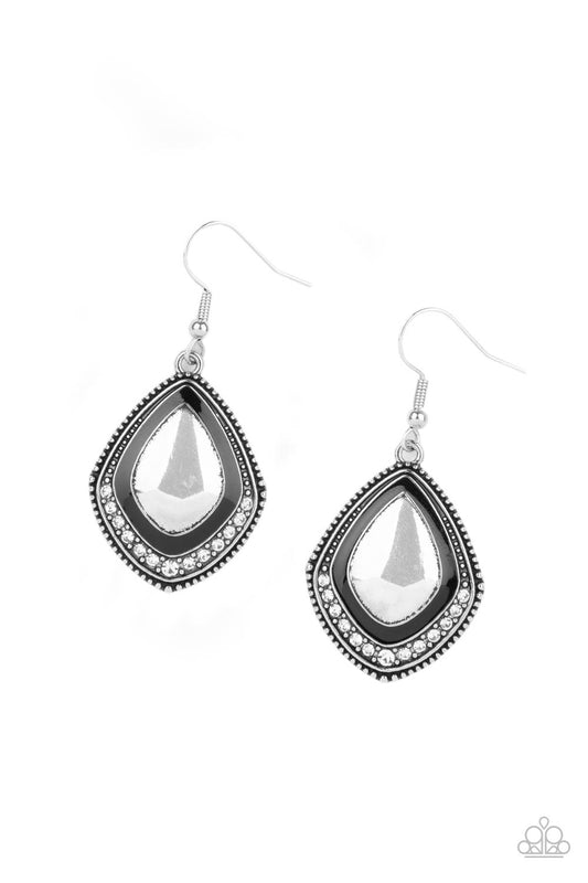 Painted in a shiny black accent, the bottom of a studded silver frame is bordered in a dainty row of white rhinestones for a fearless finish. Earring attaches to a standard fishhook fitting.  Sold as one pair of earrings.