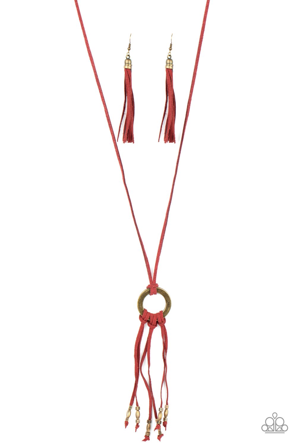 Infused with dainty brass beads, strands of Samba suede knot at the bottom of an antiqued brass ring, creating a colorfully rustic tassel at the bottom of a lengthened strand of Samba suede. Features an adjustable sliding bead closure.  Sold as one individual necklace. Includes one pair of matching earrings.