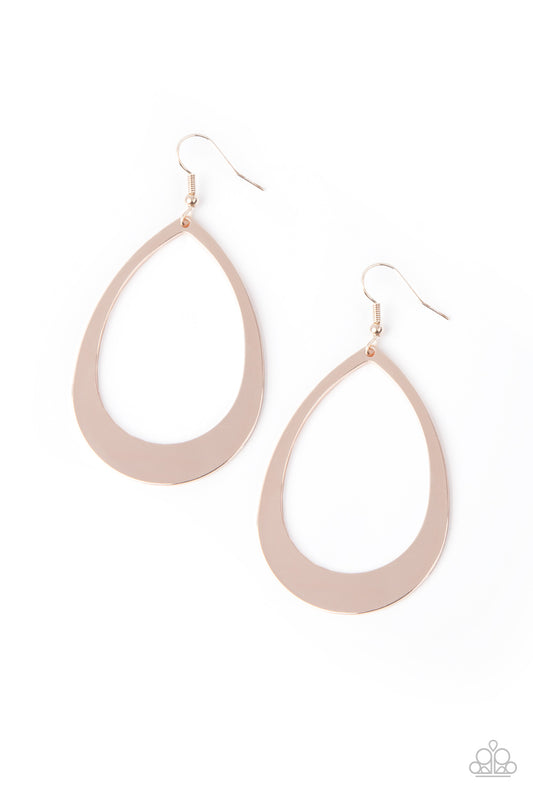 Widening at the bottom, a flat glistening rose gold teardrop swings from the ear for a simplistic shimmer. Earring attaches to a standard fishhook fitting.  Sold as one pair of earrings.