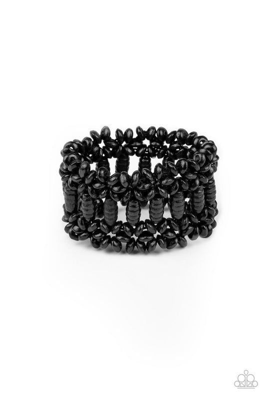 Painted in a shiny black finish, round and oval wooden beads are threaded along stretchy bands that weave into a colorful floral patterned stretch bracelet around the wrist.  Sold as one individual bracelet.