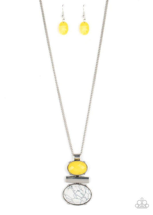 An oval yellow acrylic bead, shimmery silver rectangular frame, and white stone bead coalesce into a stacked pendant at the bottom of a shiny silver chain for a colorfully earthy look. Features an adjustable clasp closure.

Sold as one individual necklace. Includes one pair of matching earrings.