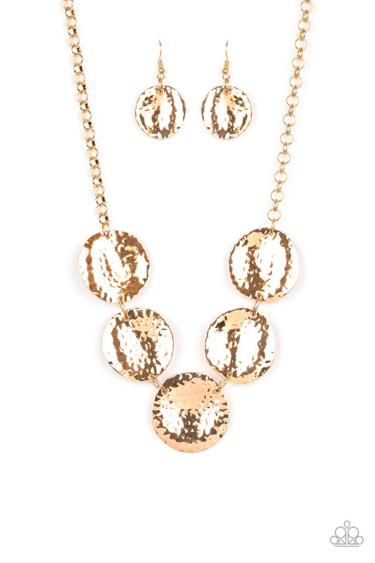 Featuring a hammered high-sheen finish, imperfect round gold frames link below the collar for a casual look. Features an adjustable clasp closure.  Sold as one individual necklace. Includes one pair of matching earrings.