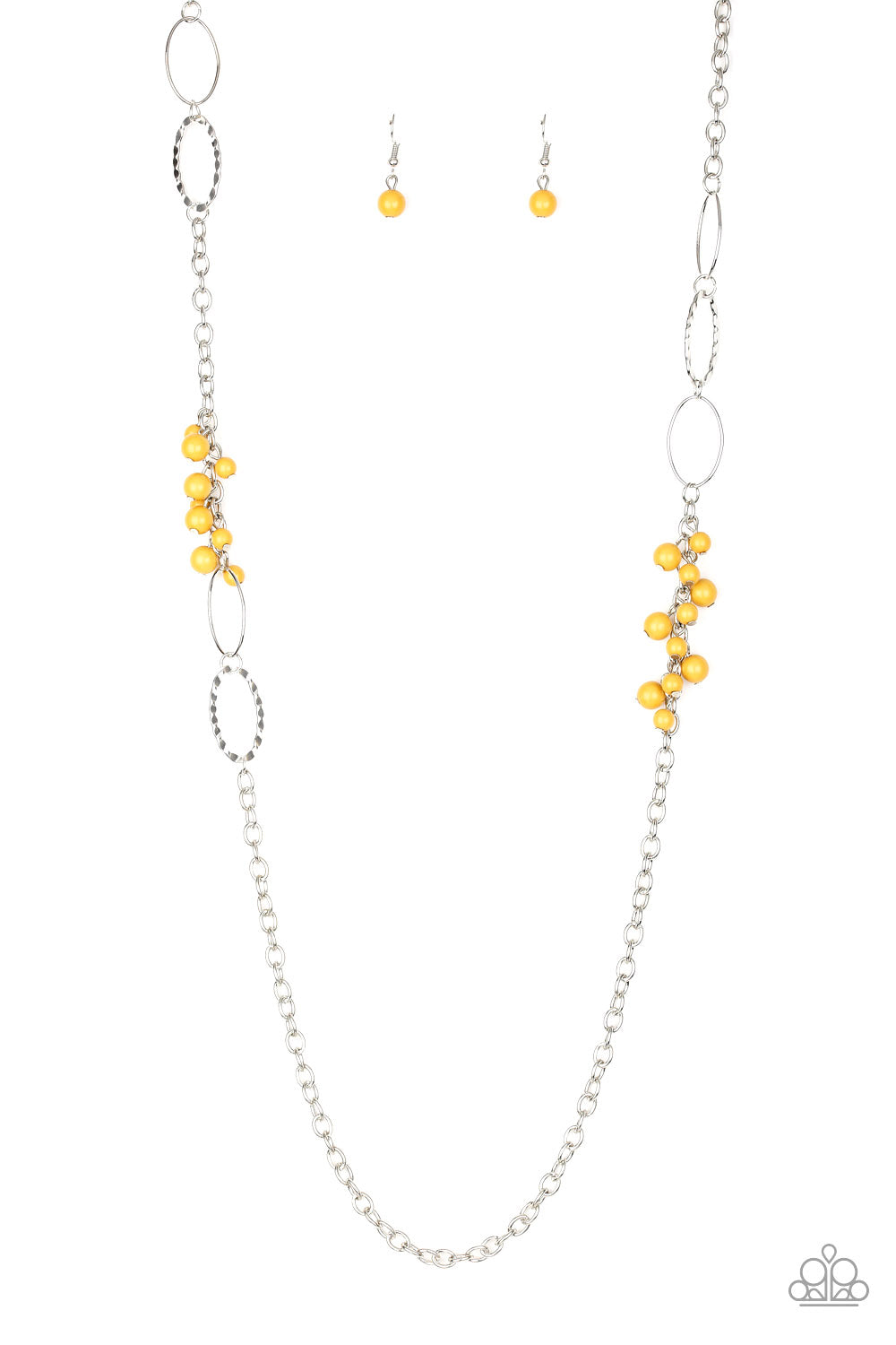 Smooth and hammered silver rings join clusters of yellow beads along a shimmery silver chain for a colorful look. Features an adjustable clasp closure.  Sold as one individual necklace. Includes one pair of matching earrings.