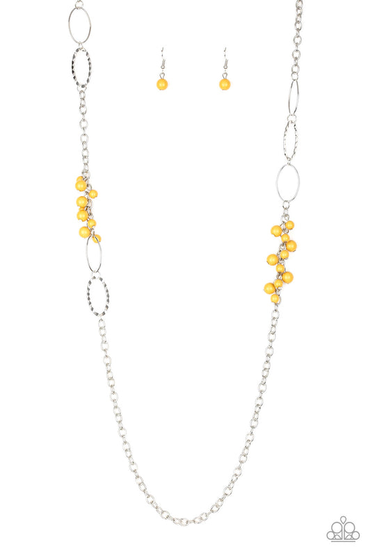 Smooth and hammered silver rings join clusters of yellow beads along a shimmery silver chain for a colorful look. Features an adjustable clasp closure.  Sold as one individual necklace. Includes one pair of matching earrings.
