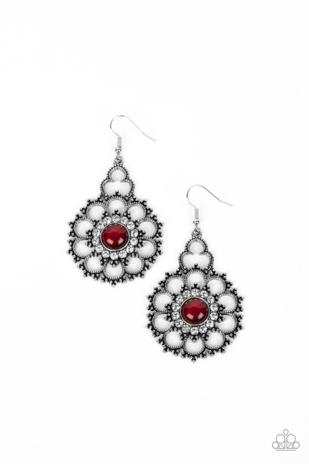 Bordered in a glassy ring of white rhinestones, a red cat's eye stone is pressed into the center of a studded silver floral frame for a mystical floral fashion. Earring attaches to a standard fishhook fitting.  Sold as one pair of earrings.