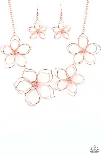 Women's copper flower shapes made with copper wire necklace (with copper wire flower earrings)