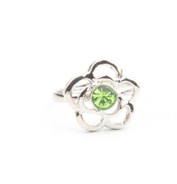 Kid's silver flower ring with green rhinestone
