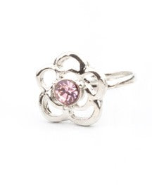 Kid's silver flower ring with pink rhinestone