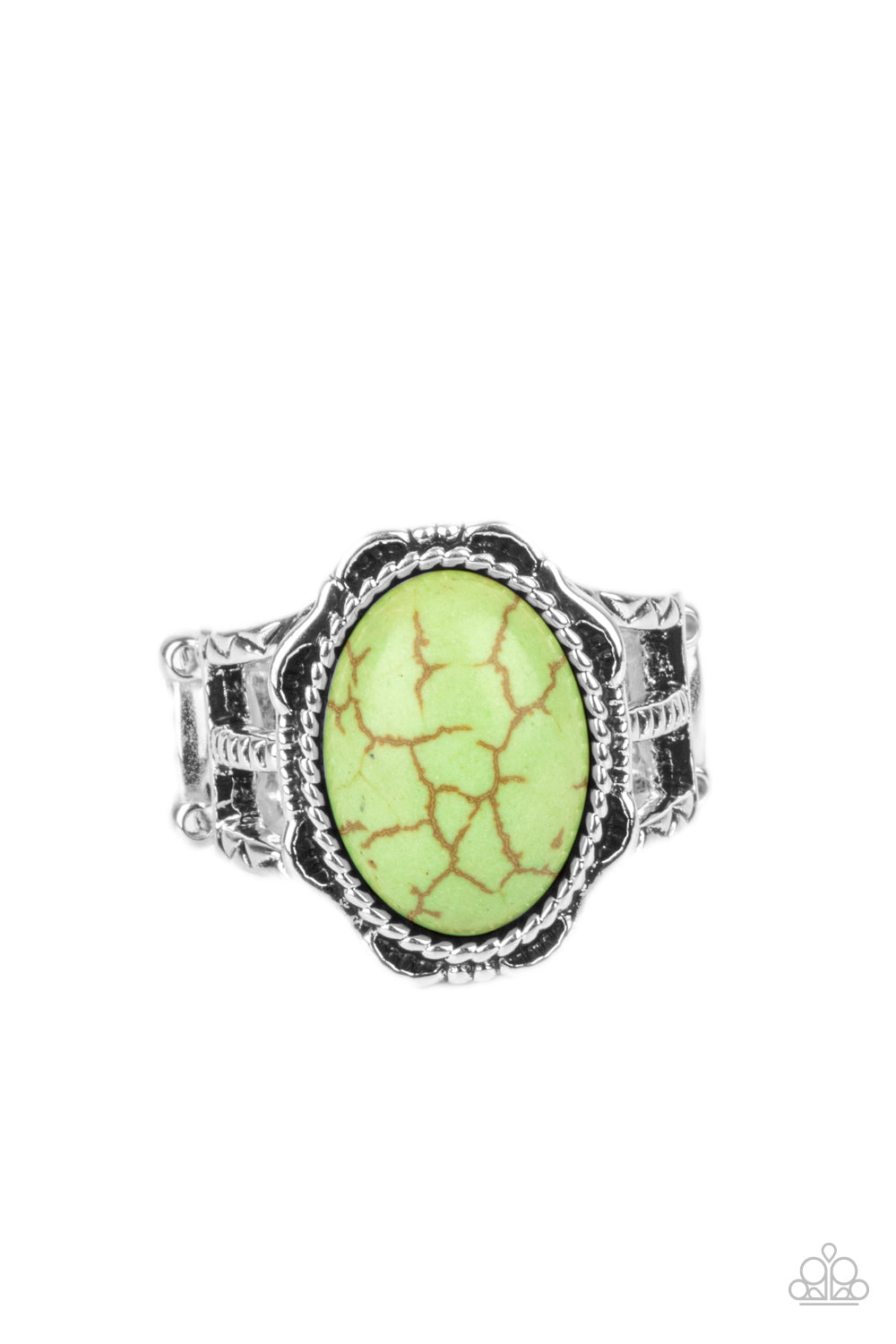 An oval green stone is pressed into the center of a silver studded floral frame, creating a colorful centerpiece atop the finger. Features a stretchy band for a flexible fit.  Sold as one individual ring.