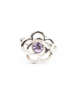 Kid's silver flower ring with purple rhinestone