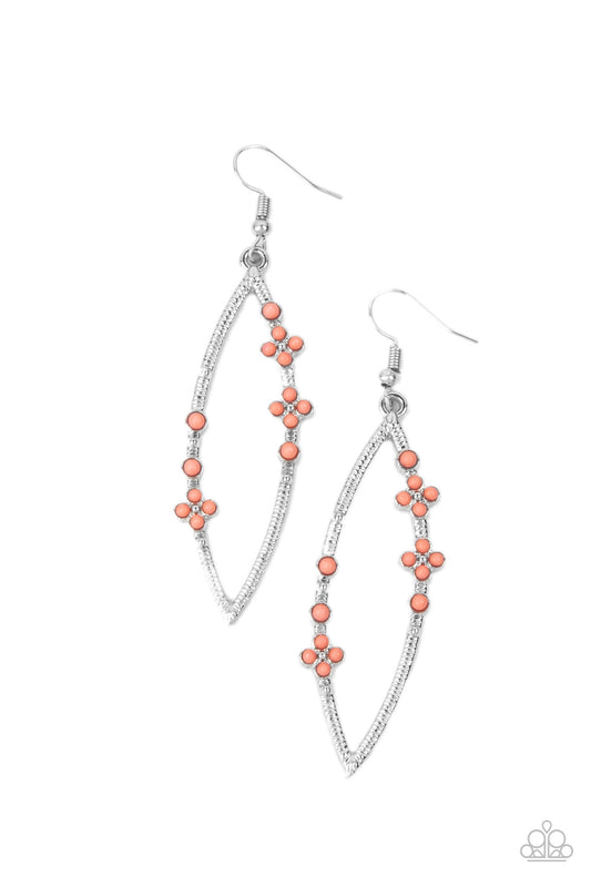 Dainty Burnt Coral beads adorn the front of a textured silver frame, creating colorful floral accents. Earring attaches to a standard fishhook fitting.

Sold as one pair of earrings.