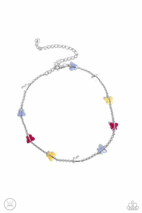 Infused along a row of dainty silver chain, a collection of blue, white, Primrose, and pink butterflies coalesces around the neckline for a whimsical finish. Features an adjustable clasp closure.  Sold as one individual choker necklace. Includes one pair of silver fringe earrings.