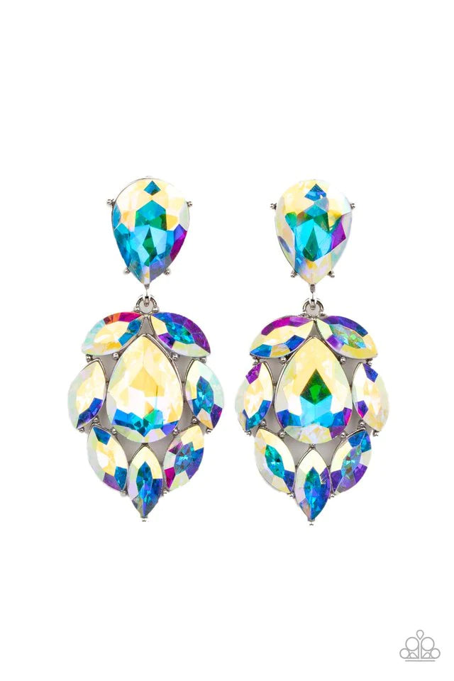 A stellar collection of marquise cut iridescent rhinestones nestle around an oversized teardrop iridescent rhinestone, creating a dramatically stellar display at the bottom of a matching iridescent teardrop rhinestone. Earring attaches to a standard post fitting.  Sold as one pair of post earrings.