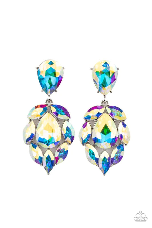 A stellar collection of marquise cut iridescent rhinestones nestle around an oversized teardrop iridescent rhinestone, creating a dramatically stellar display at the bottom of a matching iridescent teardrop rhinestone. Earring attaches to a standard post fitting.  Sold as one pair of post earrings.